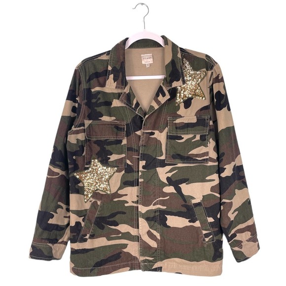 Ellison Glam Fighter Camo Jacket Medium Sequin Stars Military Style - Picture 2 of 12